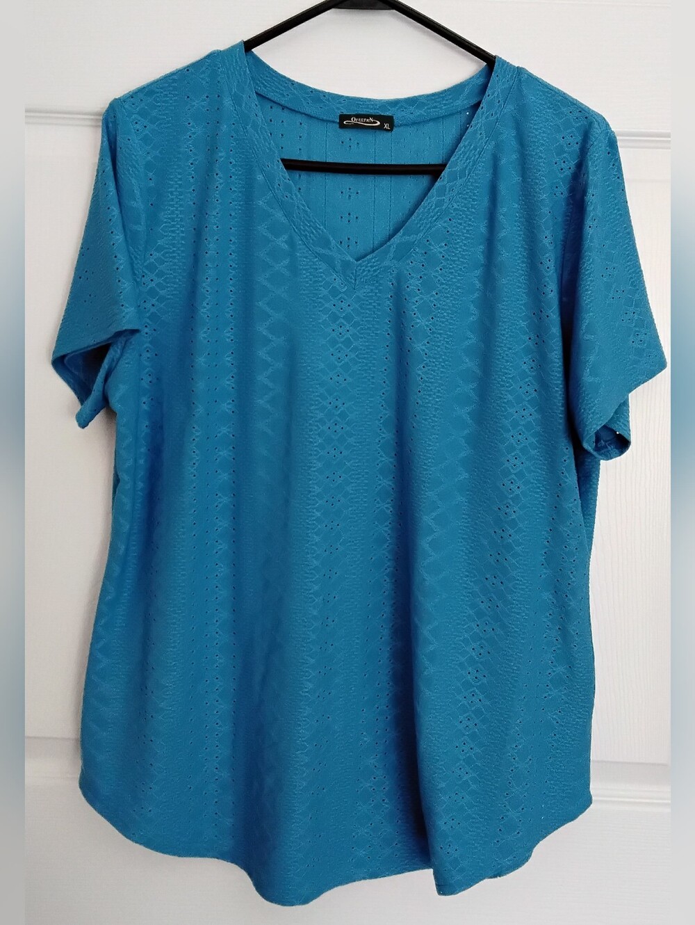 Oeffan Eyelet V-Neck Short Sleeve Top - Teal Blue Top